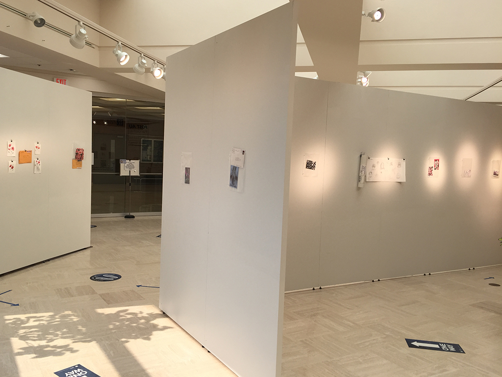 back side from outer window wall with postal pieces from Stevens, Vader McCormick, Thomas, Fox, Serbanescu, Hanson, Pacholec, Museum N and Wang